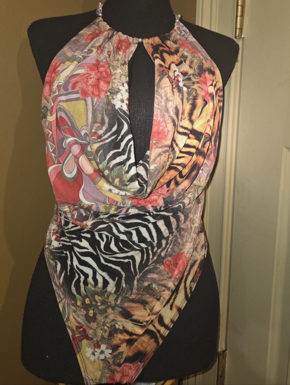 Fashion Nova Multicolor Animal Print Halter Bodysuit